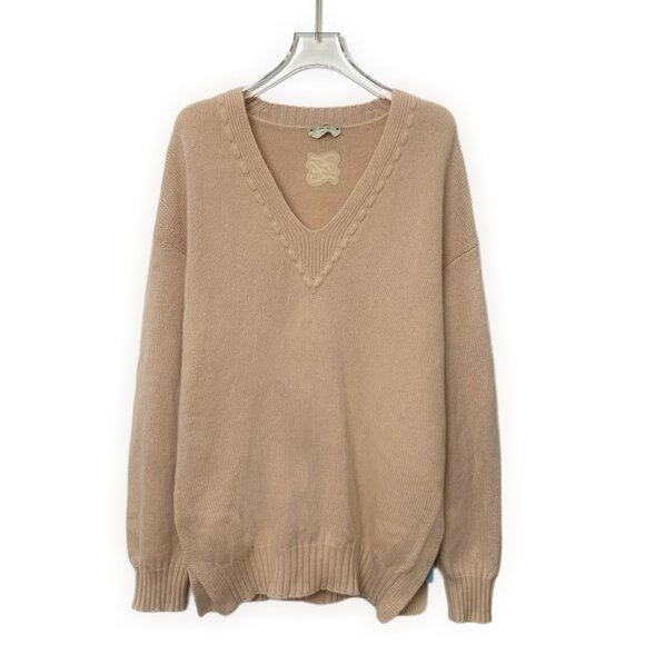 J19658 Fendi apricot pink logo embossed cashmere V-neck long-sleeved knitted swe